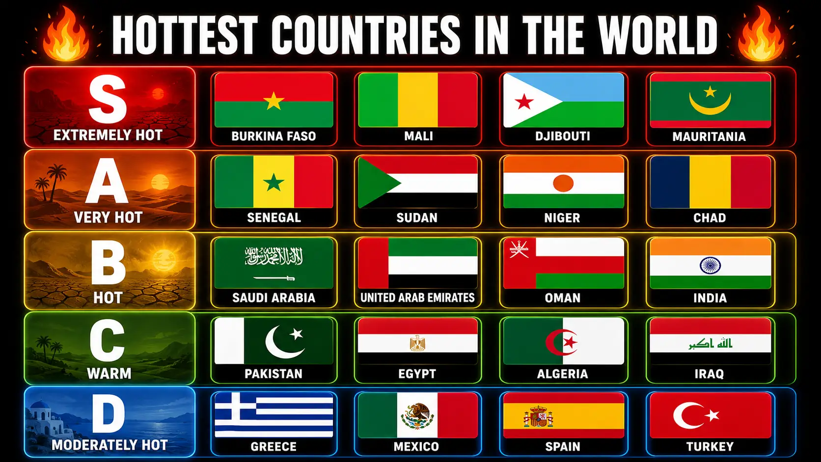 Image tier list maker example — hottest countries ranked S to D with flag images