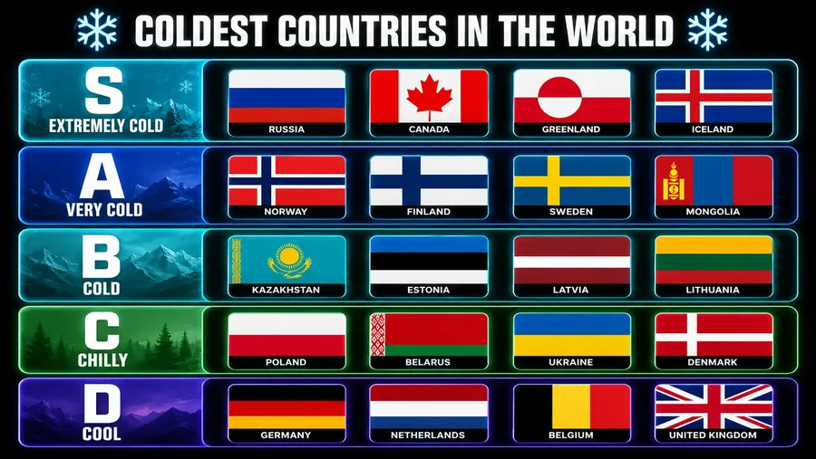 Image tier list maker example — coldest countries flags ranked S to D