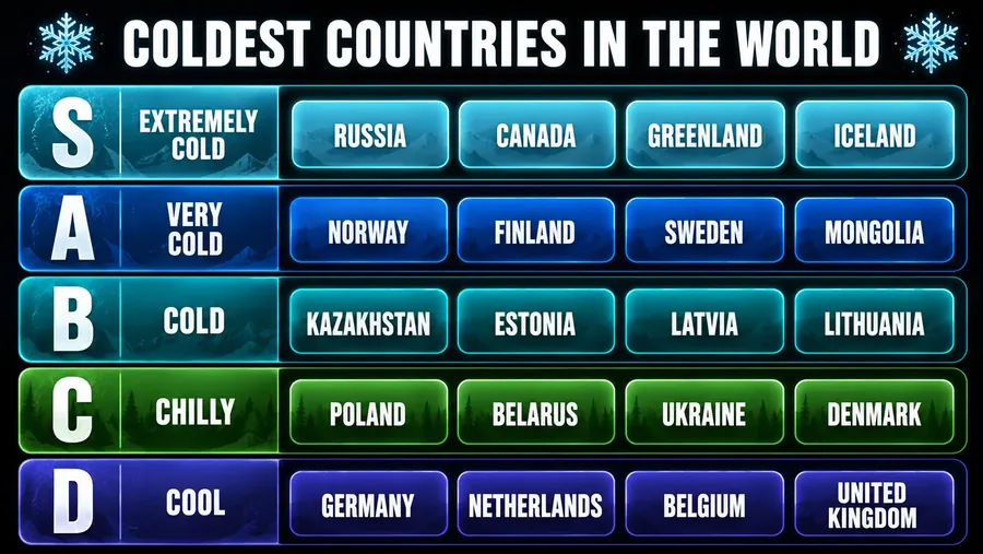 Text tier list maker example — coldest countries ranked S to D in text tiers